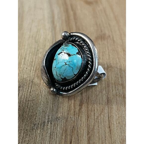 Vintage Blue Turquoise Leaf Ring, Sterling Silver Native American Ring Sz 5.5 - Picture 6 of 10